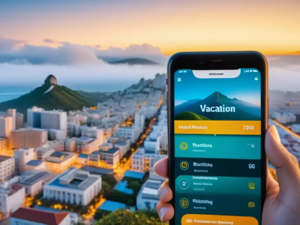 Interfaz futurista de alquileres vacacionales: datos detallados y reseñas Un paisaje digital futurista con plataformas de alquiler vacacional digitales y datos detallados