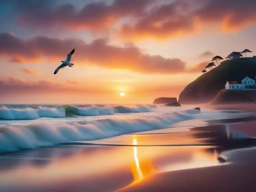 Puesta de sol dorada en playa tranquila: serenidad costera Paisaje idílico de atardecer en playa para construir casa, con financiamiento