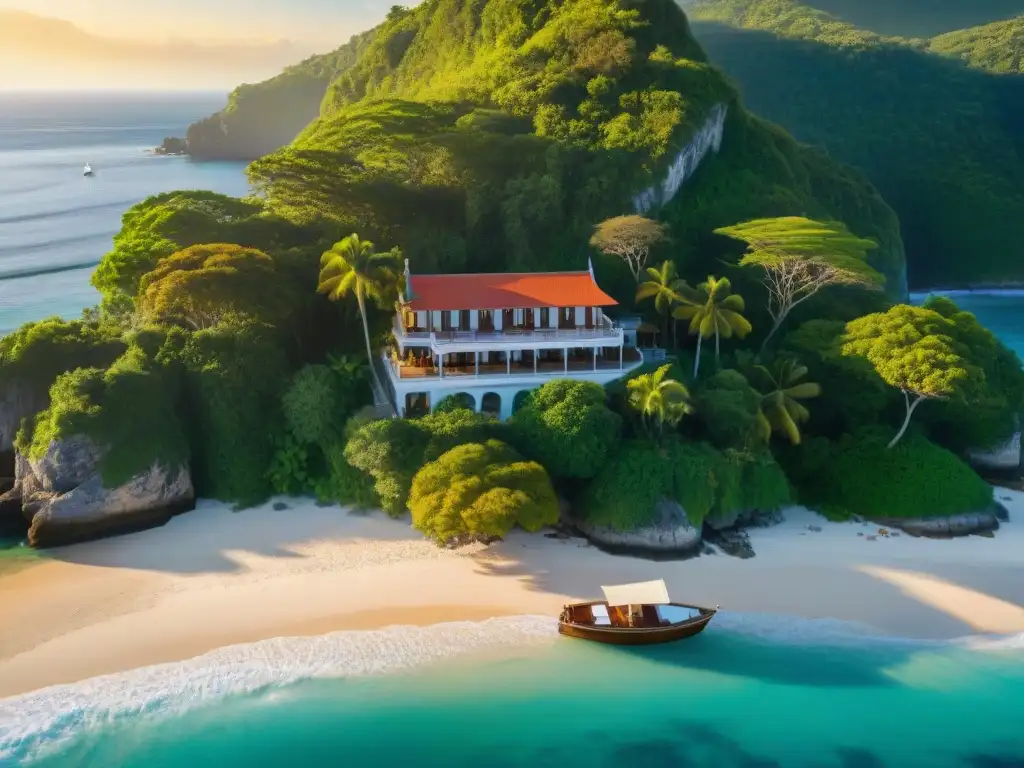 Esplendor histórico: atardecer en EcoResort costero Paisaje idílico de un EcoResort histórico en la costa con el sol poniéndose, huéspedes relajándose en hamacas y un bote llegando a la orilla