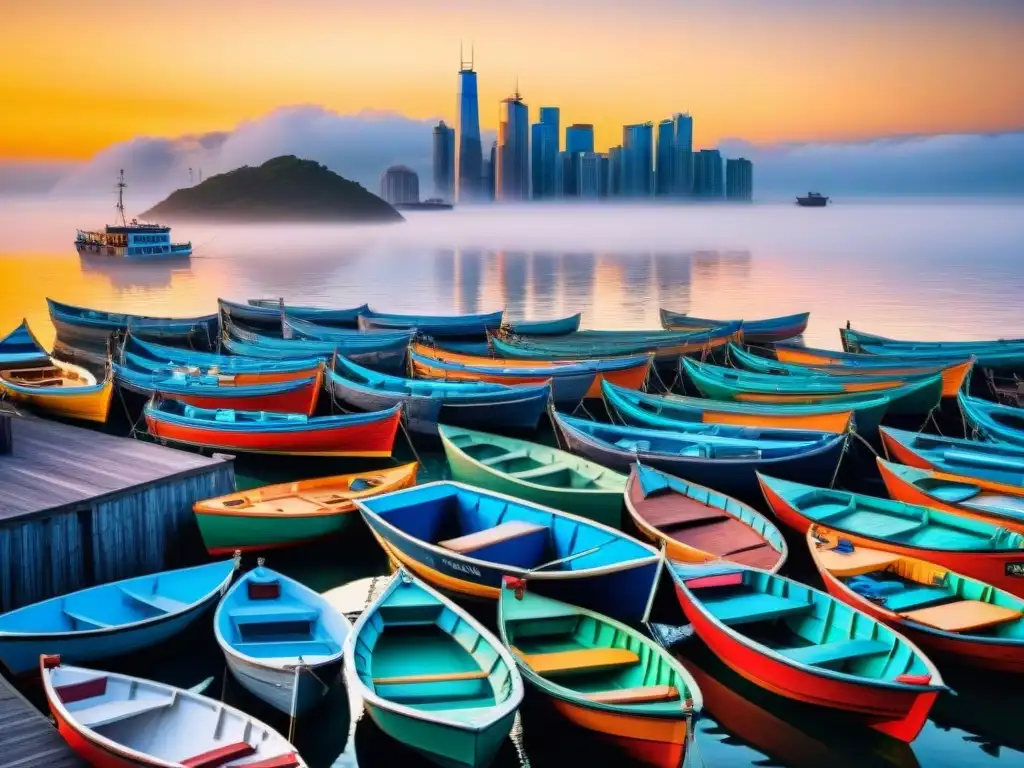 Horizonte costero vibrante: fusión de tradición y modernidad al amanecer Paisaje inmobiliario costero emergente: rascacielos modernos junto a barcos tradicionales en un puerto bullicioso al amanecer