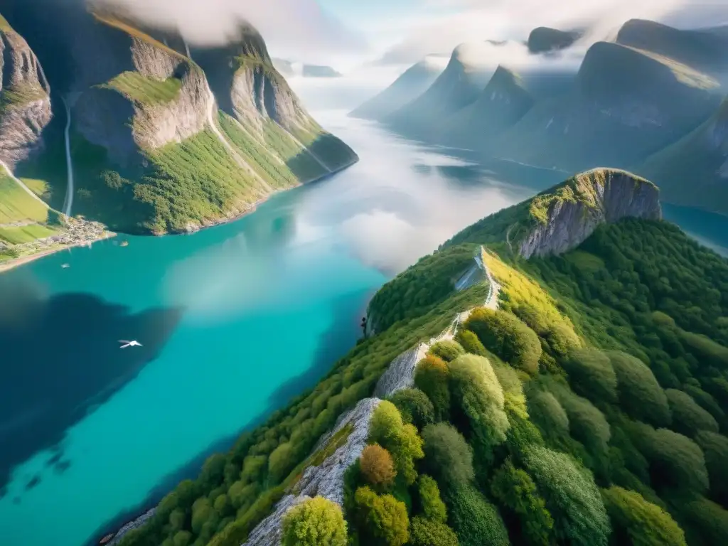 Acantilados místicos sobre fiordo: paisaje costero impresionante Un paisaje místico y dramático de fiordos costeros, con acantilados rocosos, aguas turquesas y una densa niebla
