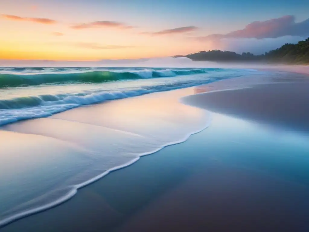 Amanecer sereno en la playa: tranquilidad y paz marina Paisaje de playa serena al amanecer, con olas suaves, gaviotas y cielo reflejado en aguas tranquilas, que evoca los beneficios calmantes del mar