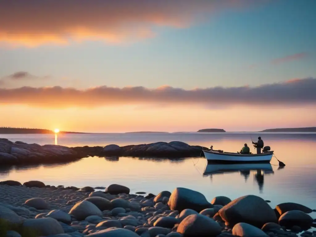 Amanecer sereno en la costa de Maine: pesca guiada Paisaje sereno al amanecer en la costa de Maine, con pescadores entusiastas preparando su equipo
