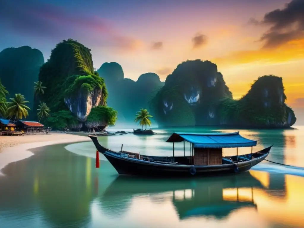 Playa serena al amanecer en Vietnam: paisaje costero tranquilo y colorido Paisaje sereno de playa en Vietnam al amanecer con barco pesquero en silueta, palmeras y cielos coloridos