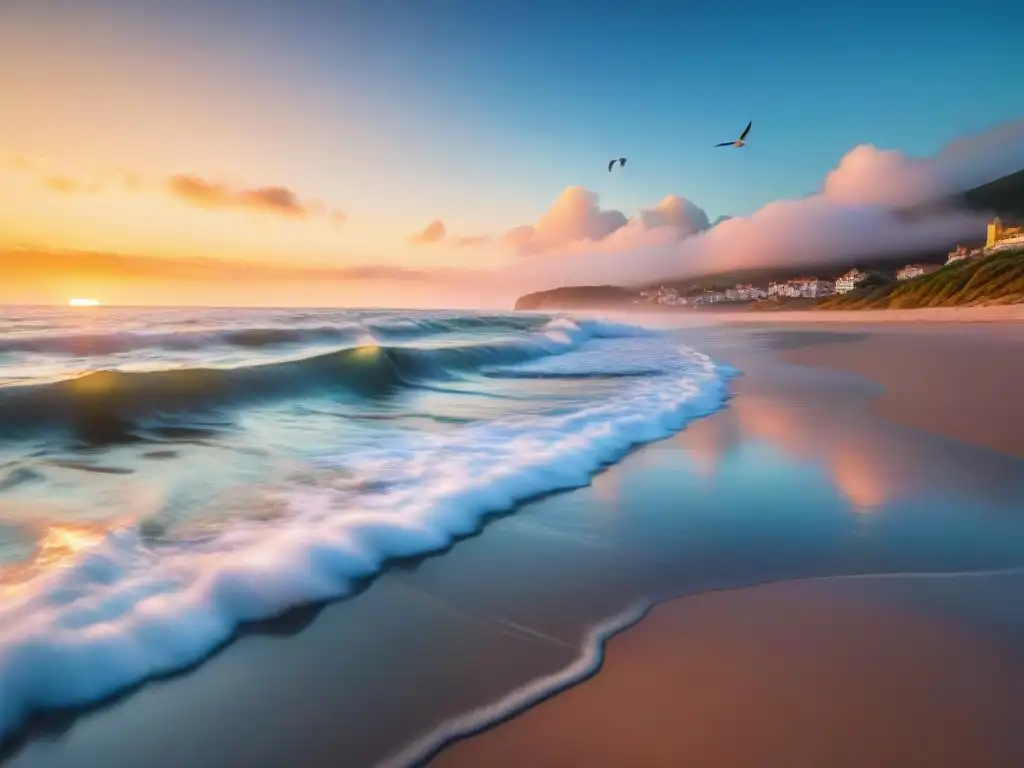 Paisaje costero tranquilo al amanecer: terapia con agua salada Paisaje sereno de playa al amanecer con olas suaves, iluminado por una cálida luz dorada