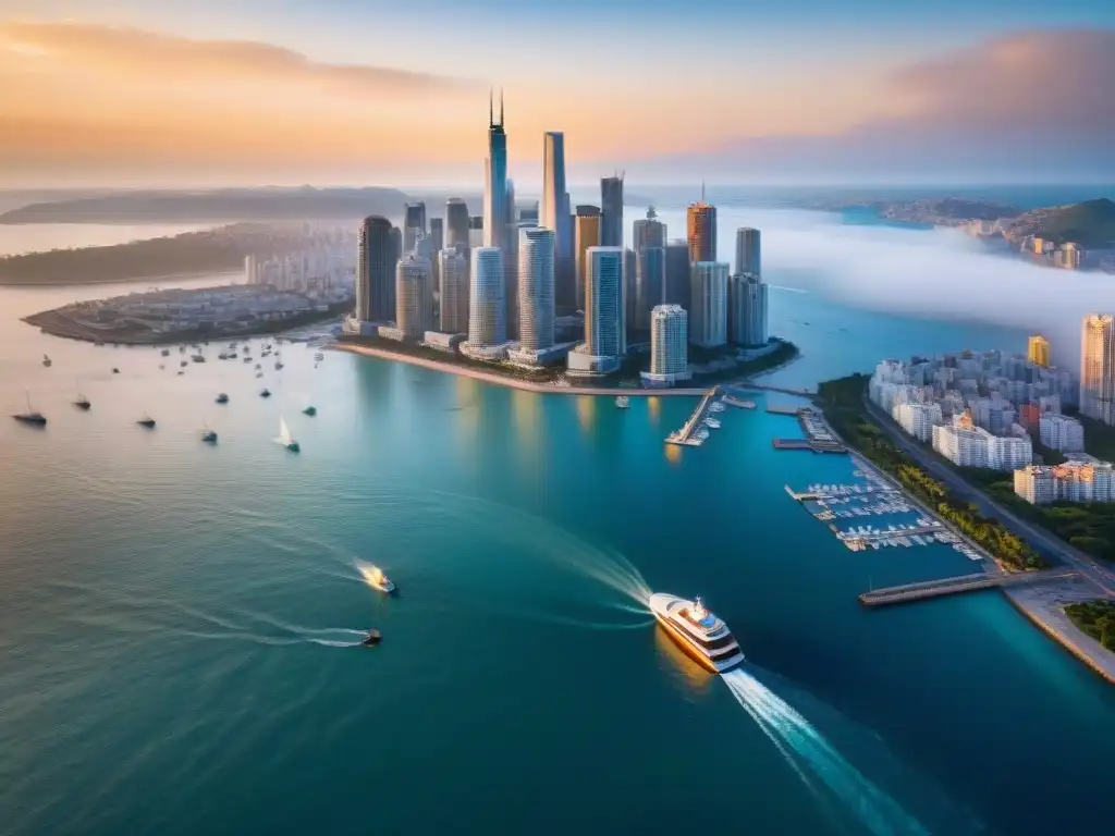 Espléndida ciudad costera al atardecer: modernos rascacielos y mar sereno Un paisaje urbano costero vibrante al atardecer, con rascacielos modernos y barcos bajo el resplandor dorado del sol