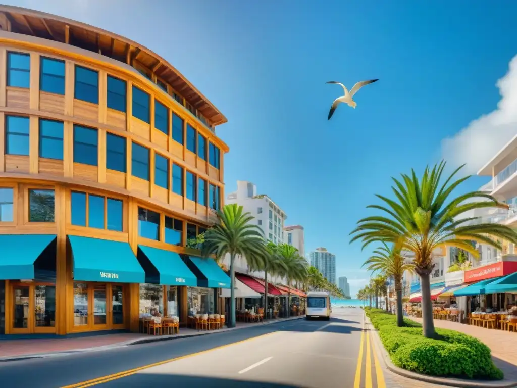 Escena costera urbana: Palmeras, tiendas coloridas y edificios modernos Un paisaje urbano con estilo costero en la ciudad: palmeras altas, tiendas coloridas y edificios modernos bajo un cielo azul