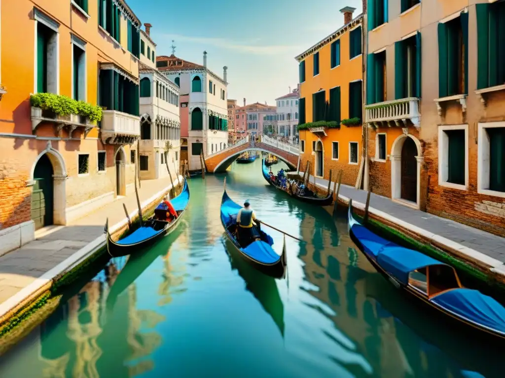 Encanto y desafíos: Venecia, Italia, entre góndolas y turistas Paisaje urbano de Venecia con góndolas, edificios antiguos y turistas, mostrando la sostenibilidad en Venecia turismo costero