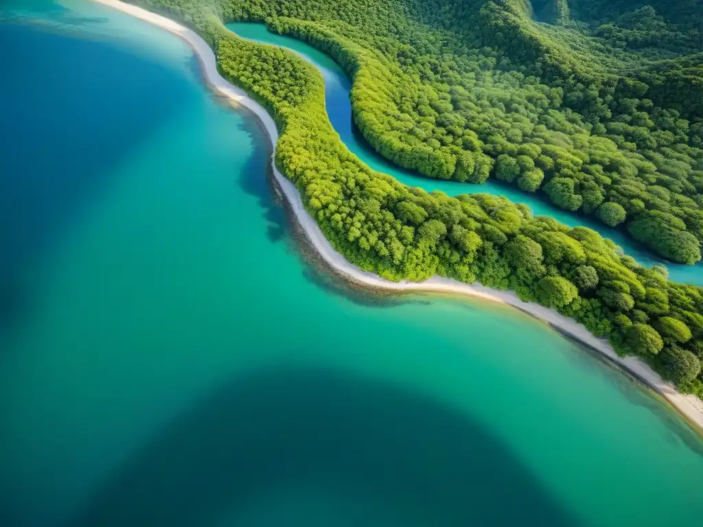 Encuentro sublime: río serpenteante y mar cristalino en armonía Un paisaje vibrante donde un río serpentea entre bosques verdes, fluyendo hacia el océano