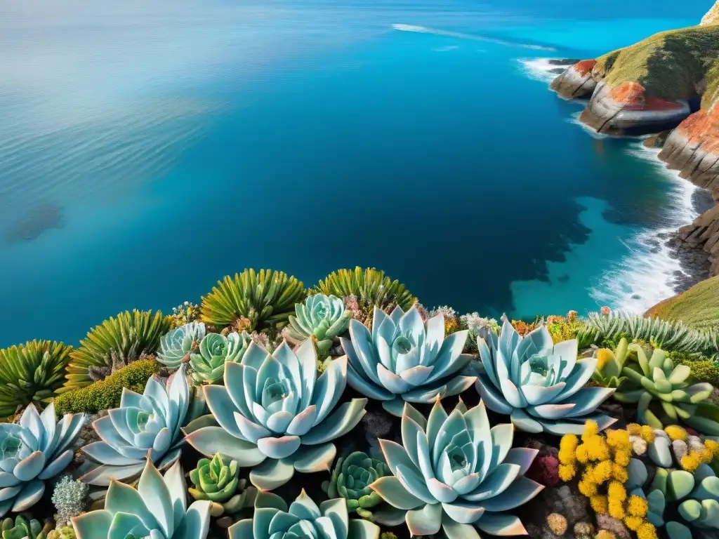 Costa vibrante: vida vegetal junto al mar Paisajismo costero ambientes salinos: vibrante paisaje costero con plantas y aves en armonía con el mar