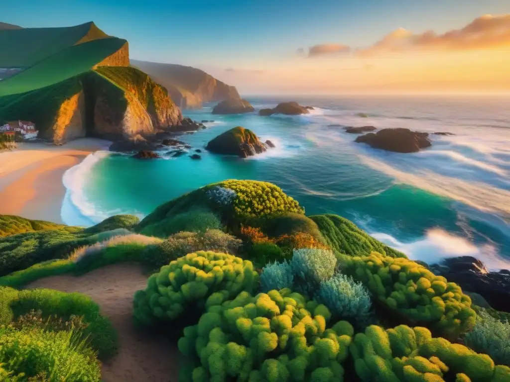 Paisaje costero: belleza y desafíos Paisajismo costero en ambientes salinos: impactante paisaje costero con olas, vegetación vibrante y puesta de sol cálida