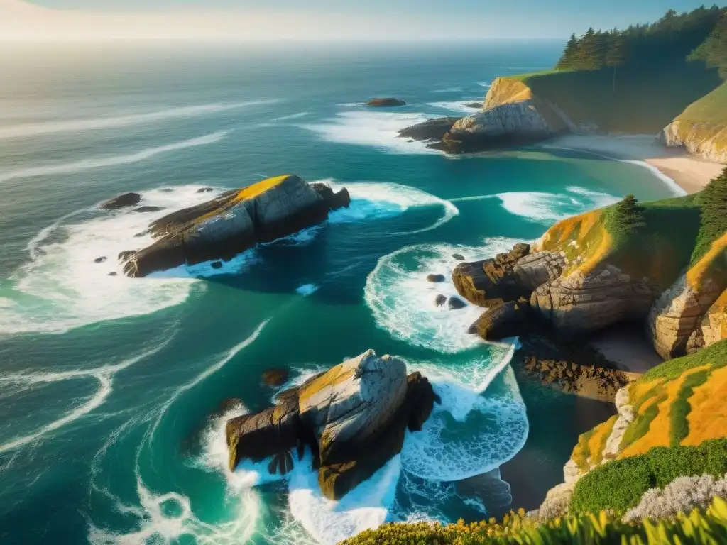 Costa rocosa: belleza y desafíos del paisajismo costero Paisajismo costero en ambientes salinos: impactante imagen detallada de costa rocosa con olas rompiendo y vegetación resistente