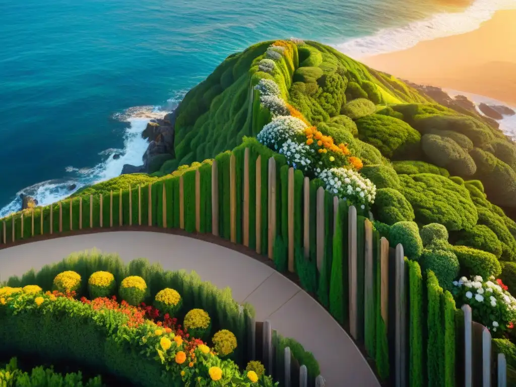 Armonía costera: muros de contención integrados en el paisaje Paisajismo costero: muros integrados en terreno natural con jardines y costa al atardecer