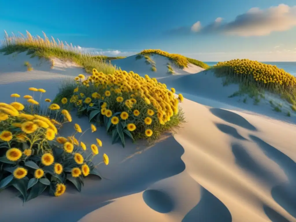 Costa vibrante: plantas resilientes en paisaje detallado Paisajismo costero con plantas resistentes, brillo del sol sobre el mar y cielo azul