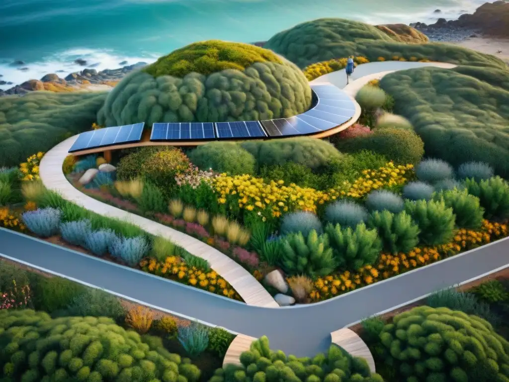 Armonía costera: diseño sostenible con plantas nativas y energía renovable Paisajismo sostenible en costa: diseño detallado con plantas nativas, sistema de recolección de agua y paneles solares integrados