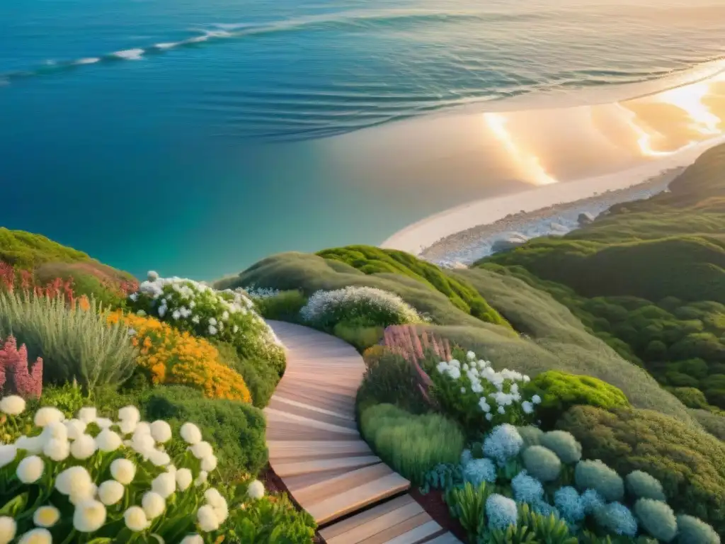 Diseño costero sostenible: armonía natural y ecoconsciente Un paisajismo sostenible en costa: sendero con flora nativa, materiales reciclados y elementos ecoconscientes, bajo un cielo sereno y gaviotas