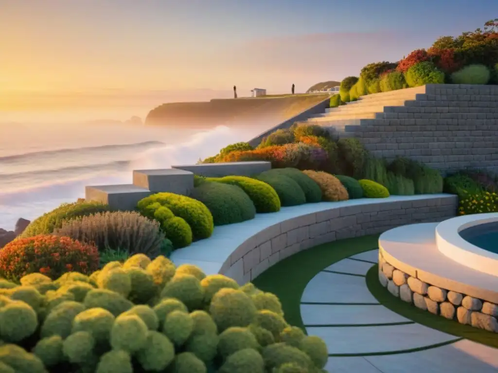 Diseñador paisajista construye muro costero al atardecer Un paisajista profesional diseñando un muro costero al atardecer