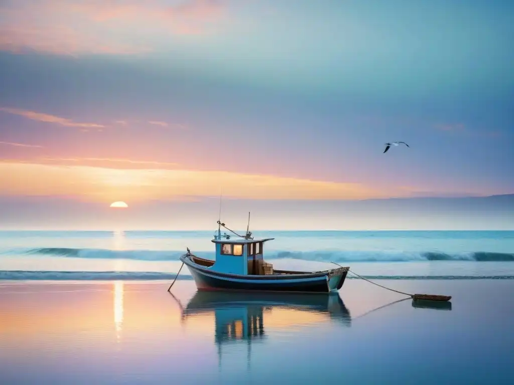 Atardecer sereno en la costa: barca de pesca en calma Paleta de colores para decoración costera: atardecer sereno en la costa con barca de pesca y gaviotas en el mar
