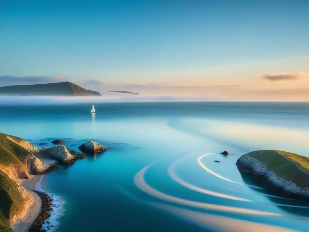 Escena costera serena: aguas cristalinas, cielo vasto y tranquilidad Paleta de colores para decoración costera en escena costera serena con mar azul y velero al atardecer