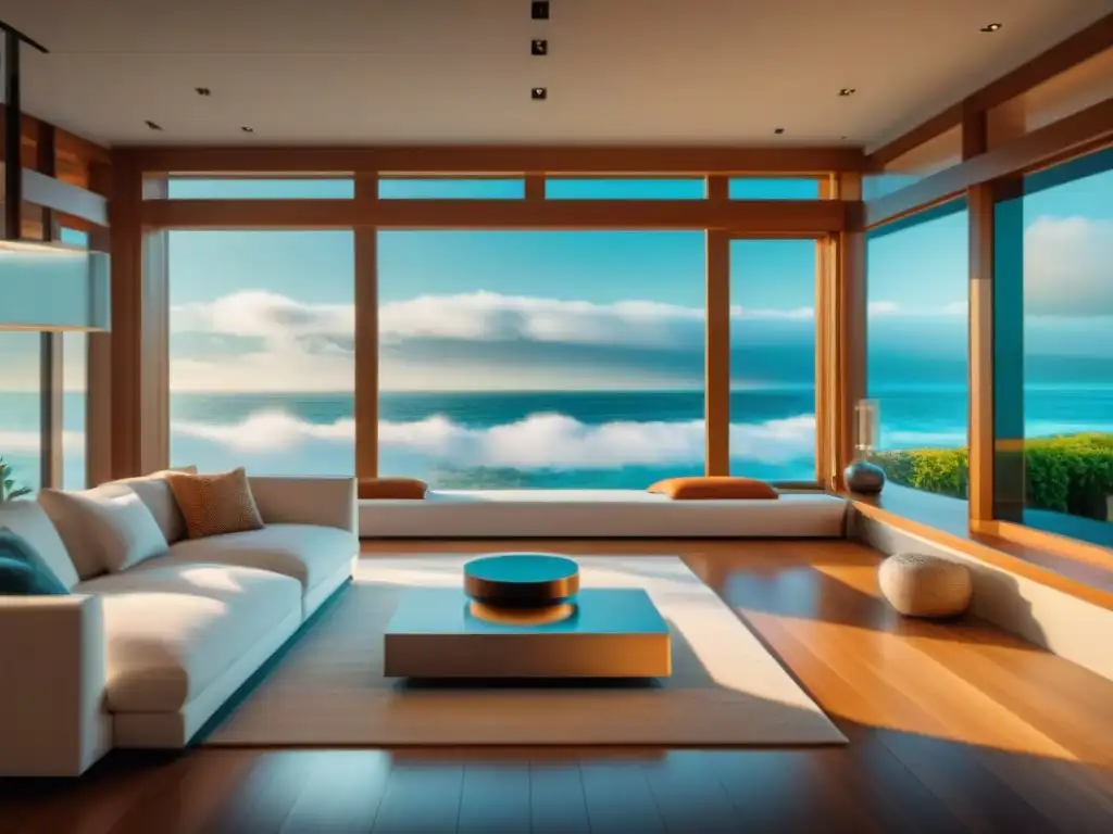 Control inteligente en casa de playa: tecnología y elegancia Panel de control de domótica en casa de playa con vista al mar y decoración costera