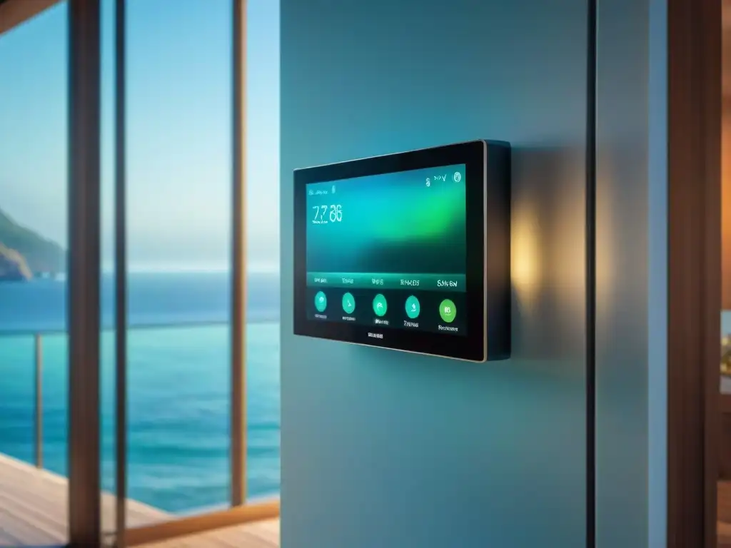 Panel de control inteligente en casa costera Panel de control de sistema domótico en hogar costero con vista al mar y funciones de iluminación, seguridad y temperatura