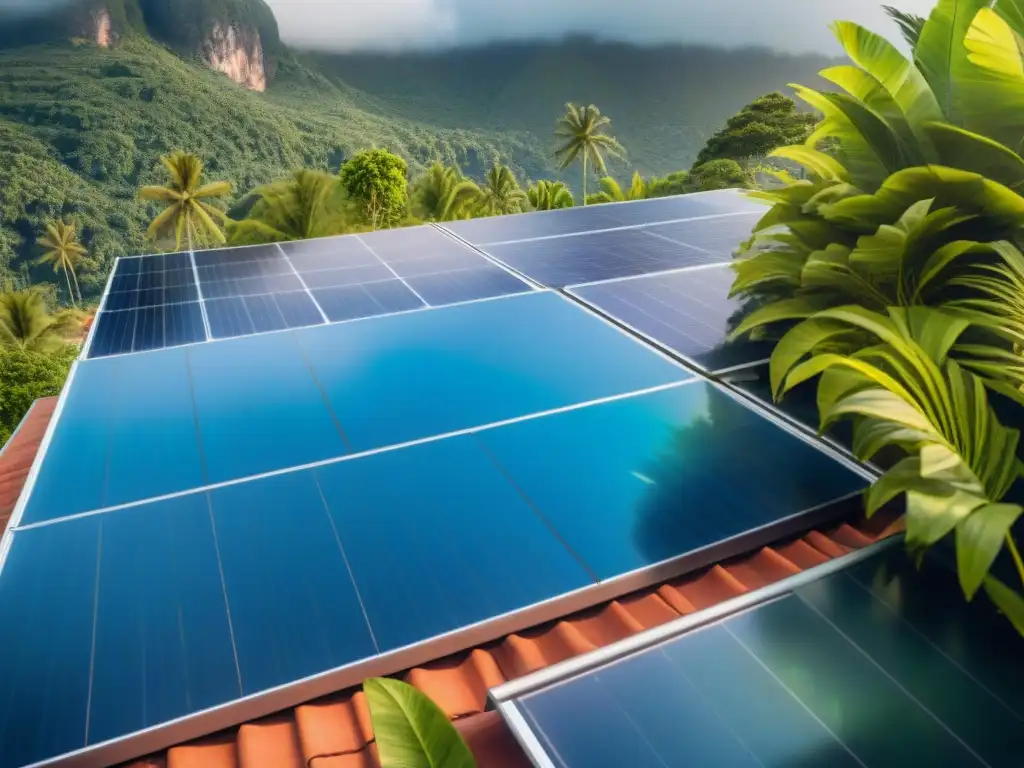 Energía solar en isla tropical: armonía sostenible Paneles solares brillando en tejado de casa eco en isla tropical, estrategias sostenibilidad propiedades islas