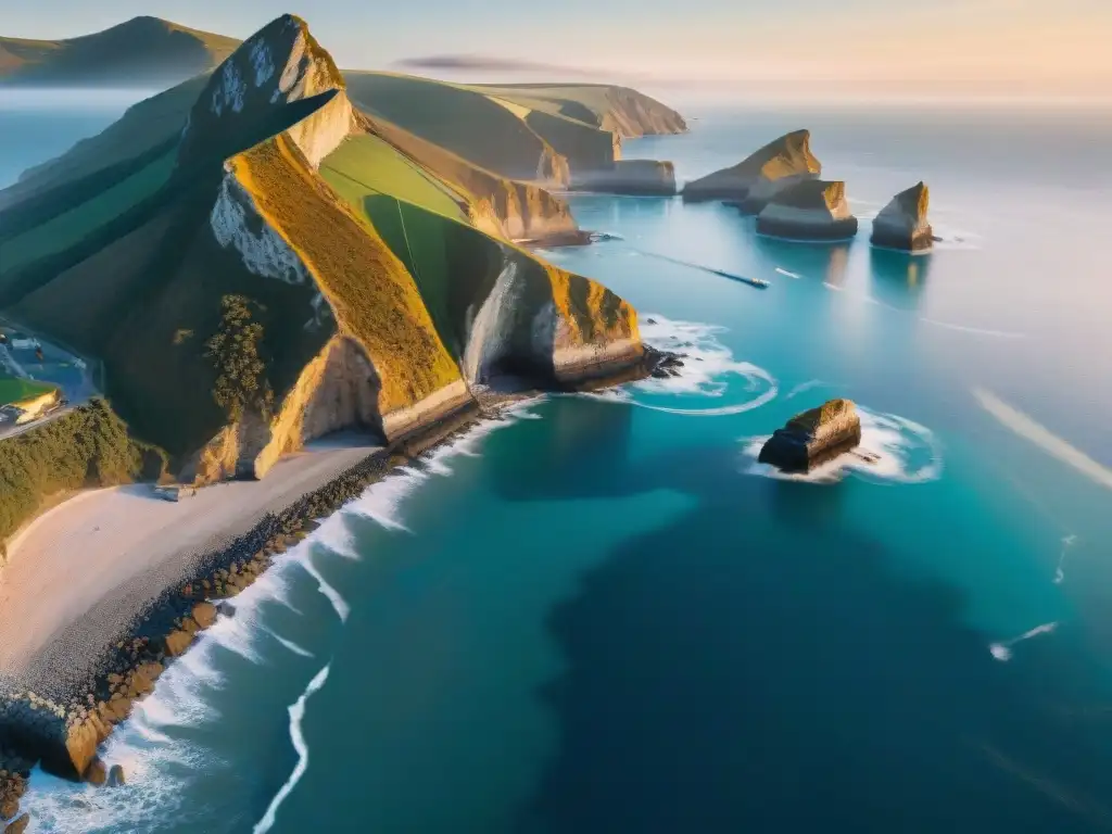 Costa salvaje al atardecer: vigilancia AI integrada Panorámica de costa al atardecer con cámaras AI y sensores, integrando tecnología en belleza natural
