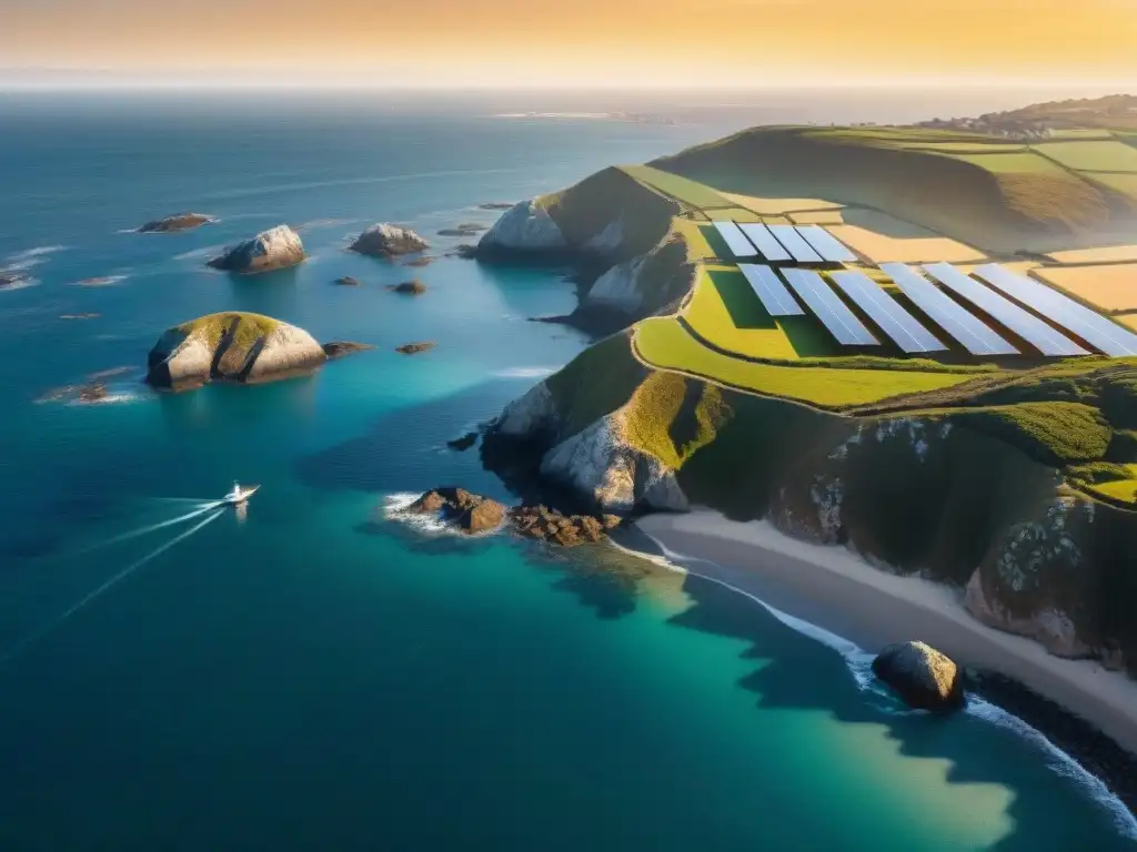 Costa solar: energía limpia y armonía natural Panorámica costera con Energía Solar en la Costa: paneles brillantes capturan la luz dorada, seagulls sobrevuelan en armonía