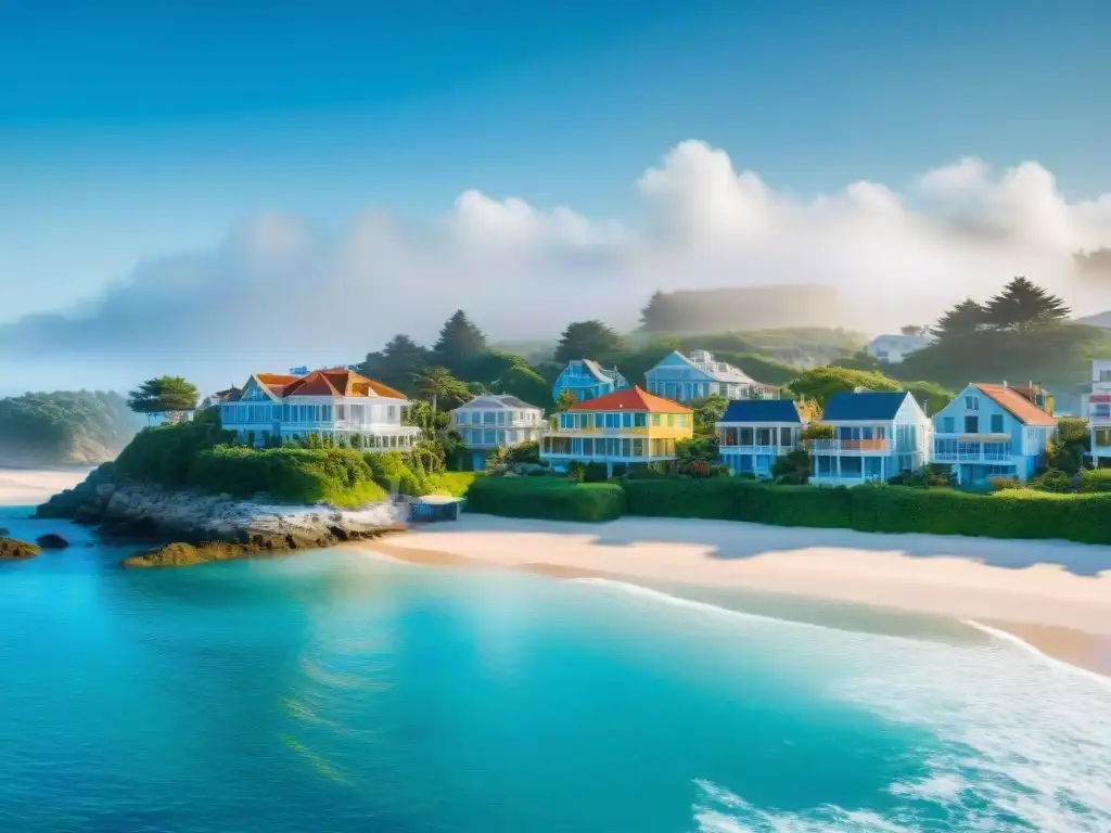 Inversión segura: Encanto costero de propiedades coloridas Panorámica de un pueblo costero tranquilo con propiedades coloridas en la playa, cielos azules y olas suaves