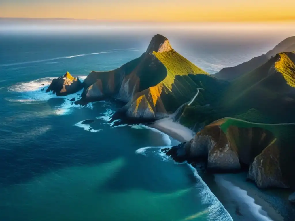 Costa del Pacífico: acantilados y olas en un atardecer épico Paquetes exclusivos Costa Pacífico: Acantilados dramáticos, olas rompiendo y gaviotas volando en la costa del Pacífico al atardecer