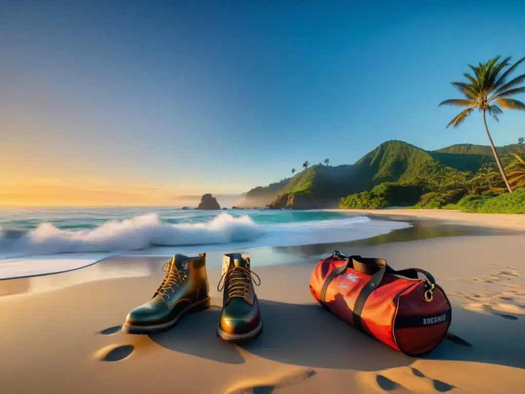 Paquetes de exploración en la costa del Pacífico: lujo y misterio Paquetes exclusivos Costa Pacífico: Atardecer dorado sobre el mar, playa tranquila con palmeras y equipamiento de aventura