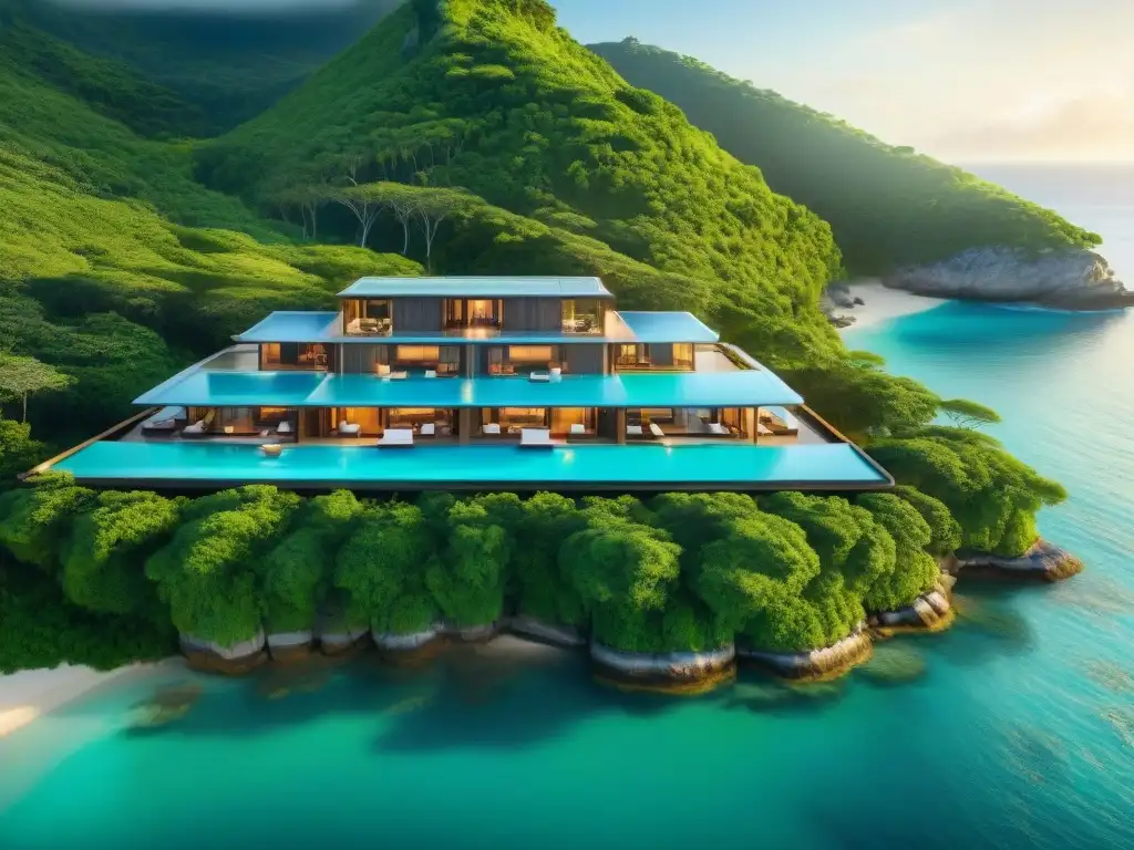 Paraíso EcoResorts: arquitectura sostenible en la costa Un paraíso de Arquitectura Verde en EcoResorts Costeros: innovación sostenible frente al mar, rodeada de naturaleza exuberante y aguas turquesas
