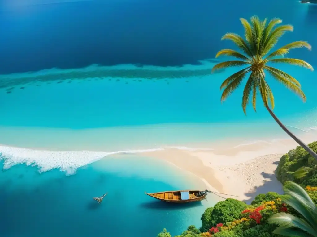 Paraíso tropical: playa exótica con hamaca entre palmeras Un paraíso en las costas exóticas: playa aislada, aguas turquesa, hamaca entre palmeras, flores tropicales y barcos pesqueros
