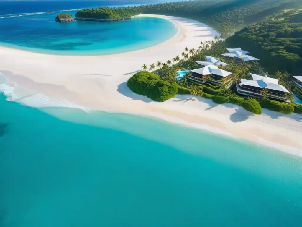 Paraíso costero: playa de ensueño con aguas turquesas y atardecer dorado Un paraíso costero con aguas cristalinas y propiedades turísticas de lujo