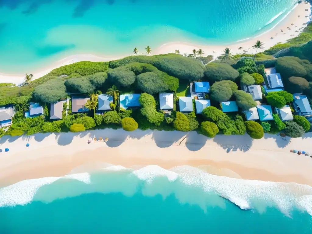 Paraíso costero: arena, mar y lujo Un paraíso costero con aguas cristalinas, sombrillas coloridas y lujosas propiedades vacacionales