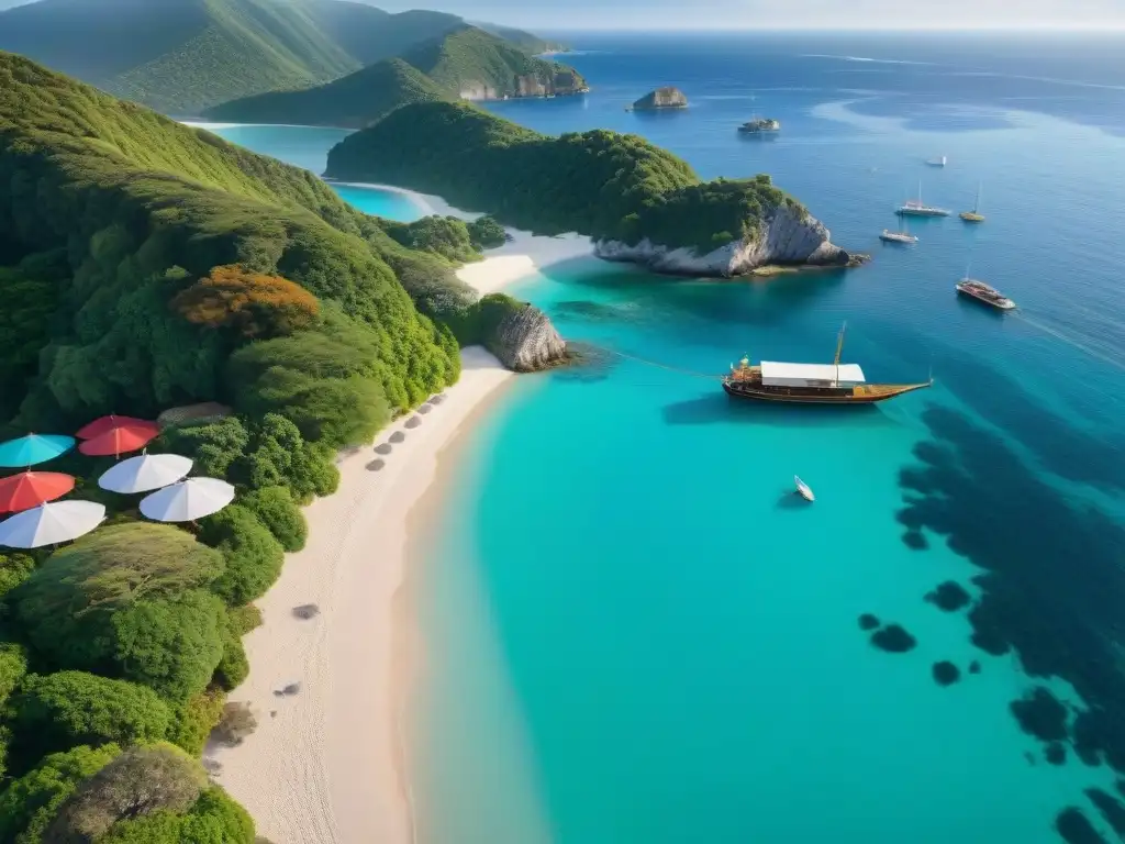 Paraíso costero: atardecer dorado en una vista panorámica impresionante Un paraíso costero con aguas turquesas, playas de arena blanca y vegetación exuberante