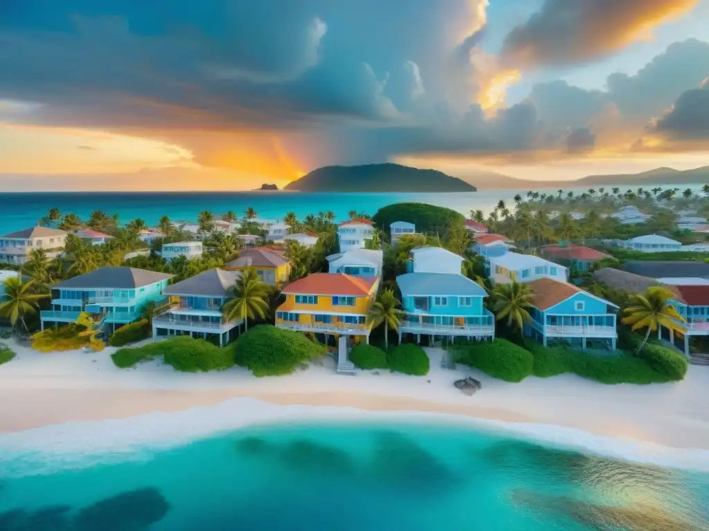 Paraíso costero: comunidad feliz al atardecer Un paraíso costero: aguas turquesas, palmeras, casas coloridas y residentes felices en la playa al atardecer