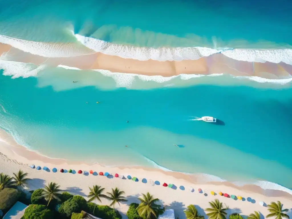 Costa paradisíaca: playas cristalinas y vibrante energía costera Un paraíso costero con aguas turquesas y playas de arena blanca, sombrillas coloridas y palmeras