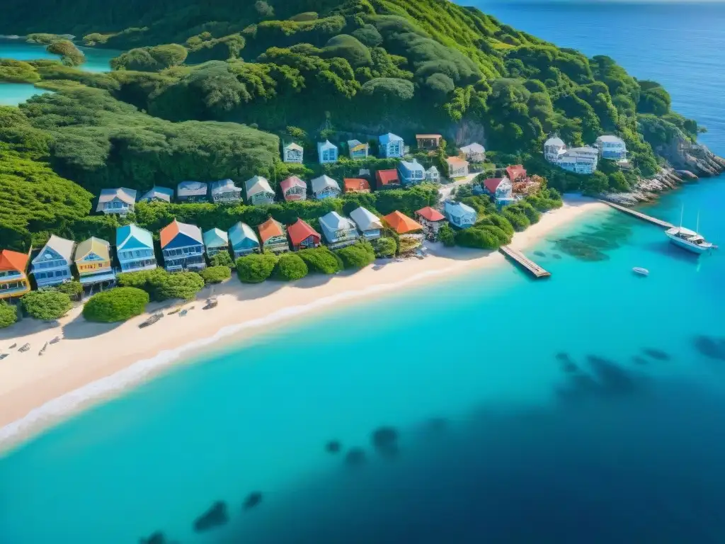 Paraíso costero: vista aérea de un pueblo vibrante junto al mar Un paraíso costero con aguas turquesas y edificios coloridos, ideal para vivir