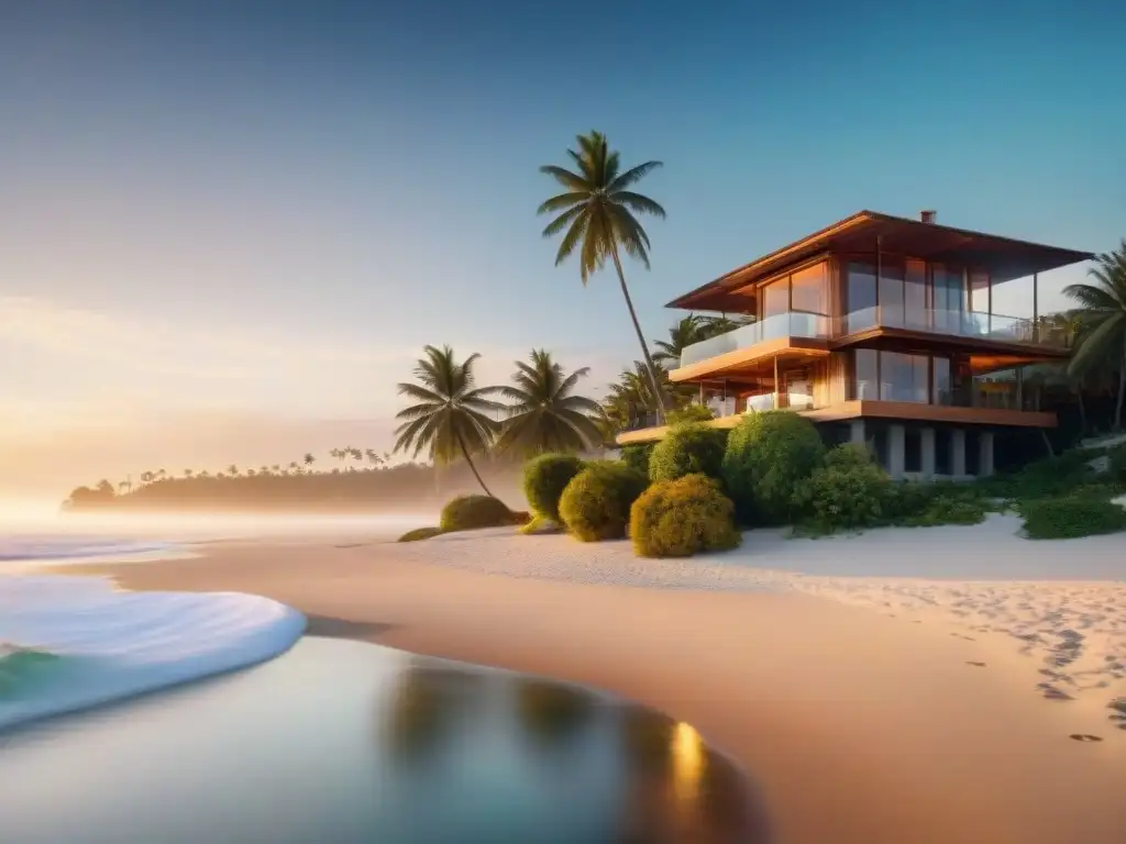 Villa de lujo en la playa al atardecer: escena serena y dorada Un paraíso costero al atardecer con una lujosa villa frente al mar y una pareja paseando, ideal para calcular hipotecas en propiedades costeras