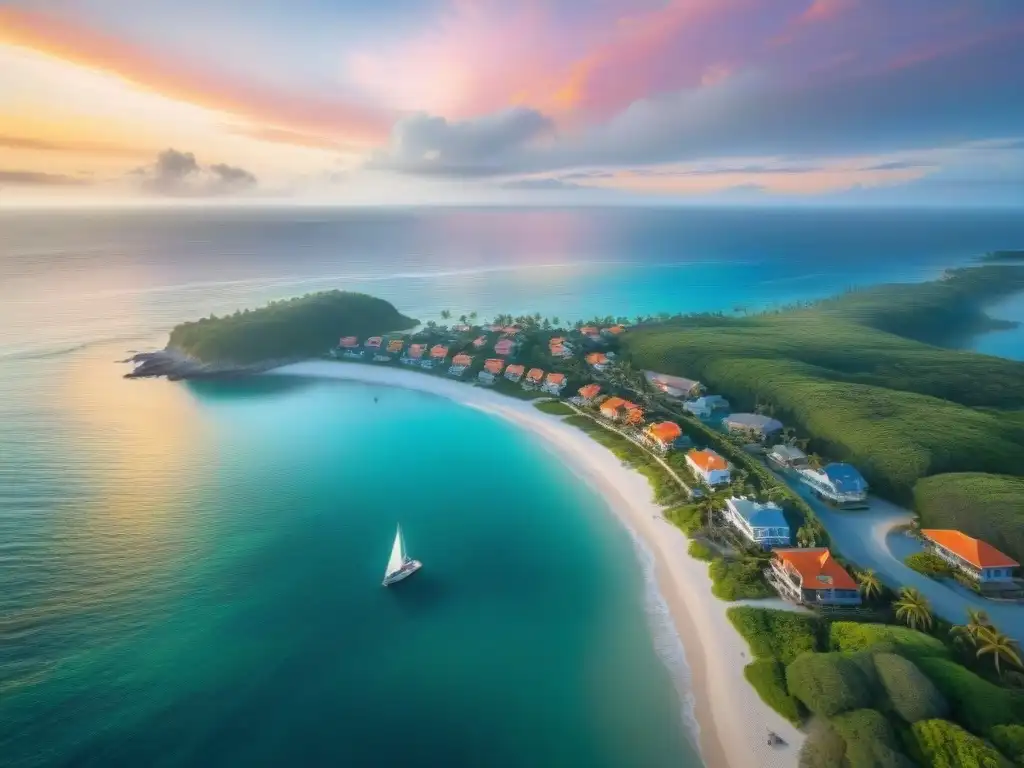 Costa de ensueño al atardecer: lujo y serenidad frente al mar Un paraíso costero al atardecer, con playa, vegetación exuberante y propiedades coloridas