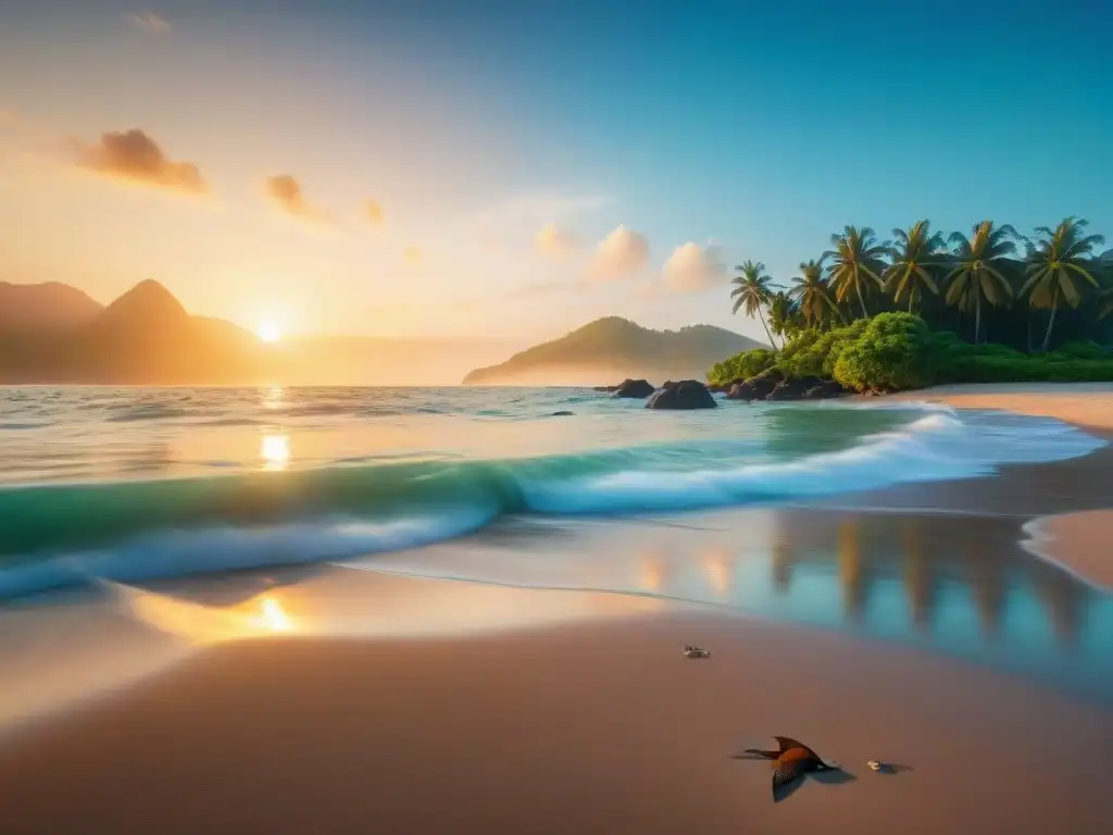 Paraíso costero al atardecer: arena, aguas azules y palmeras Paraíso costero al atardecer con playas de arena, aguas cristalinas y palmeras