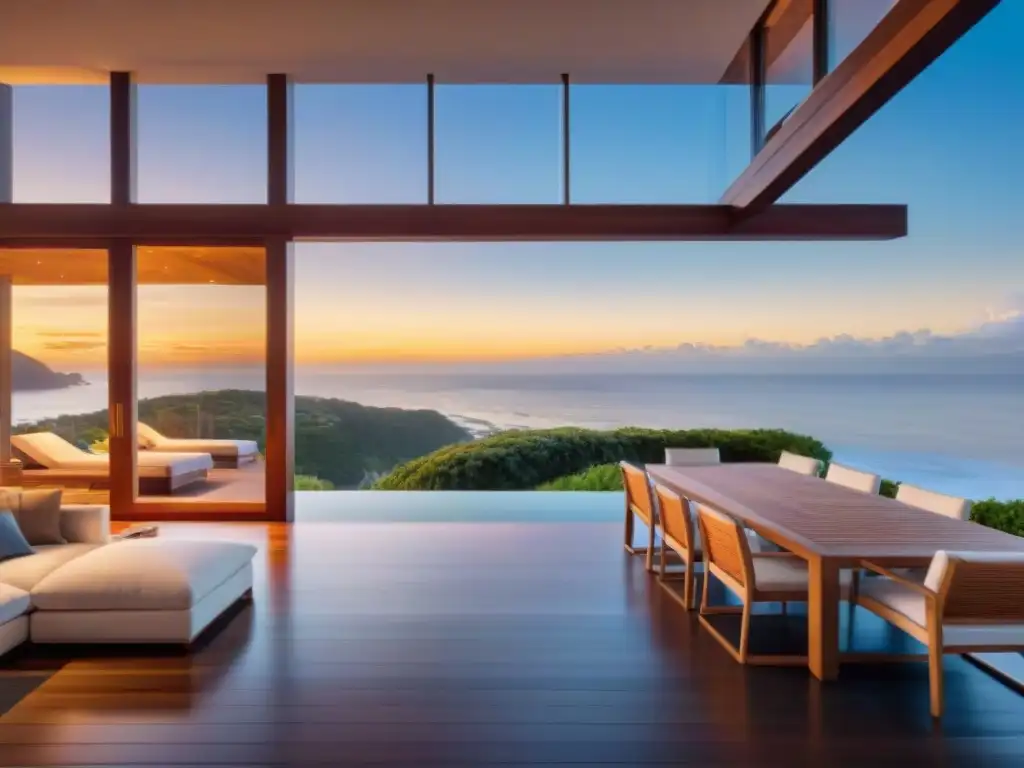 Propiedad costera de lujo al atardecer: ventanales, deck y serenidad Un paraíso costero al atardecer con ventanales, cubierta y naturaleza exuberante