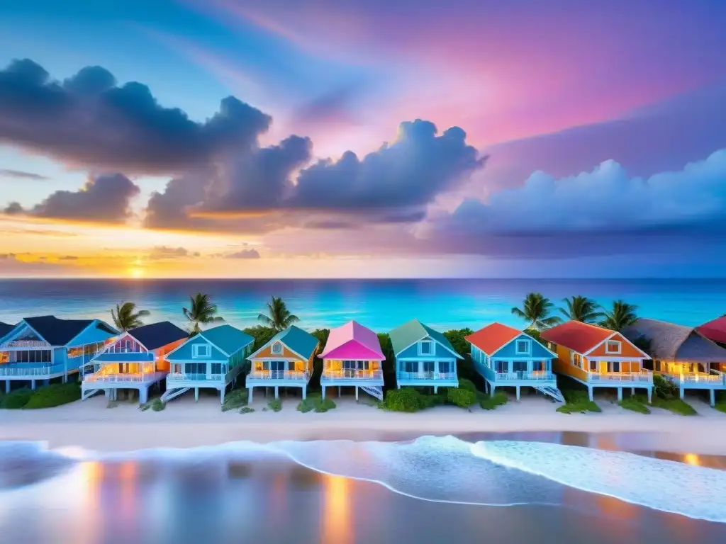 Villas de playa al atardecer: lujo y relax en destino costero Un paraíso costero al atardecer con villas coloridas y palmeras: ¡Las mejores propiedades costeras en Booking!
