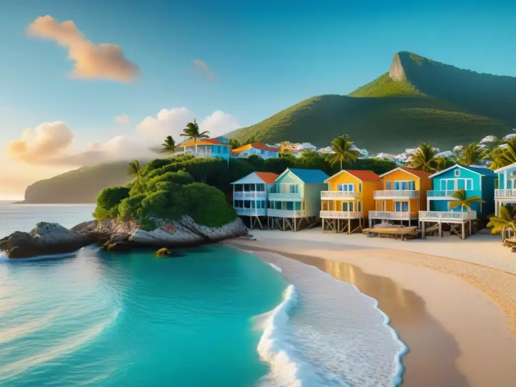 Costa vacacional paradisíaca: casas de alquiler y aguas turquesas Un paraíso costero con casas de alquiler vacacional junto al mar, aguas turquesas y ambiente relajante