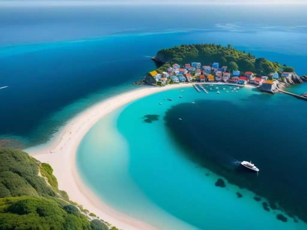 Paraíso costero: vista aérea de un pueblo pintoresco junto al mar Un paraíso costero con casas coloridas, playa serena y barcos en la bahía bajo cielo azul