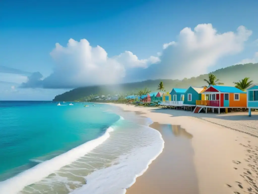 Comunidad costera vibrante: casas coloridas, palmeras y aguas cristalinas Un paraíso costero con casas coloridas, palmeras y aguas azules, donde la gente disfruta de actividades playeras