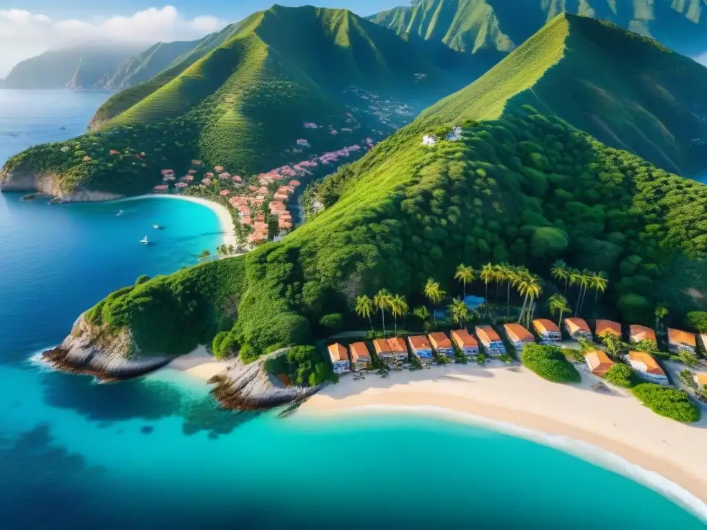 Encantador pueblo costero: casas coloridas, playas y palmeras Un paraíso costero con casas coloridas, playas de arena y barcos en el puerto, ideal para hogar en la costa