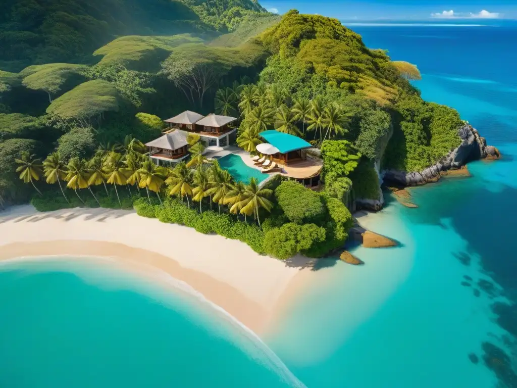 Paraíso costero: crowdfunding para tu sueño tropical Un paraíso costero de crowdfunding propiedades costa paradisíaca con aguas turquesas, playa dorada, palmeras y sol brillante