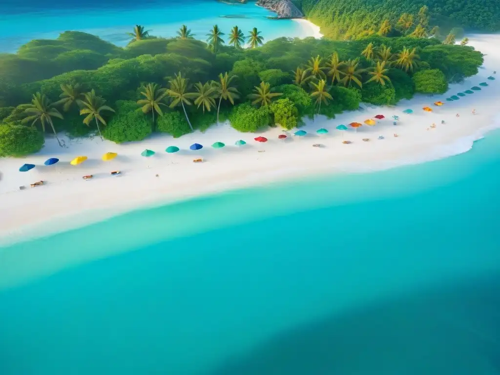 Paraíso costero: Aguas turquesas, arena blanca y palmeras Un paraíso costero de ensueño con aguas turquesas cristalinas, playas de arena blanca y palmeras verdes, invitando a relajarse